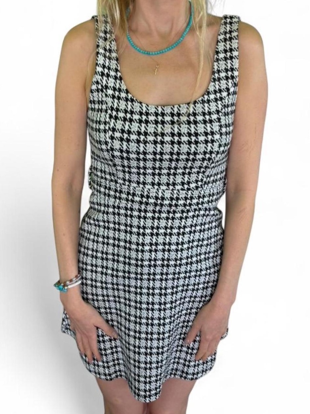 Preppy Office siren Houndstooth mini dress with belted waist Small